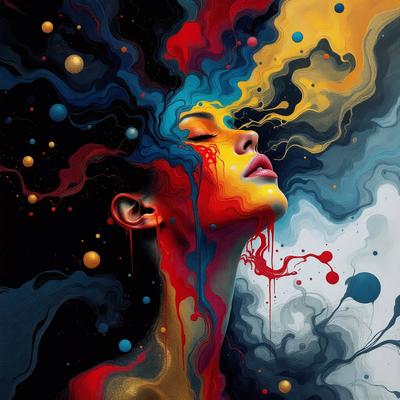 The primary subject of the image is a woman with a vibrant and colorful appearance. She is surrounded by a variety of colors and patterns, which create a lively and dynamic atmosphere. The setting appears to be a creative and artistic environment, possibly a painting or a digital artwork. The visual style of the image is a combination of digital art and illustration, with the woman's features and the surrounding colors and patterns being the main focus. The colors and mood of the image are energetic, lively,